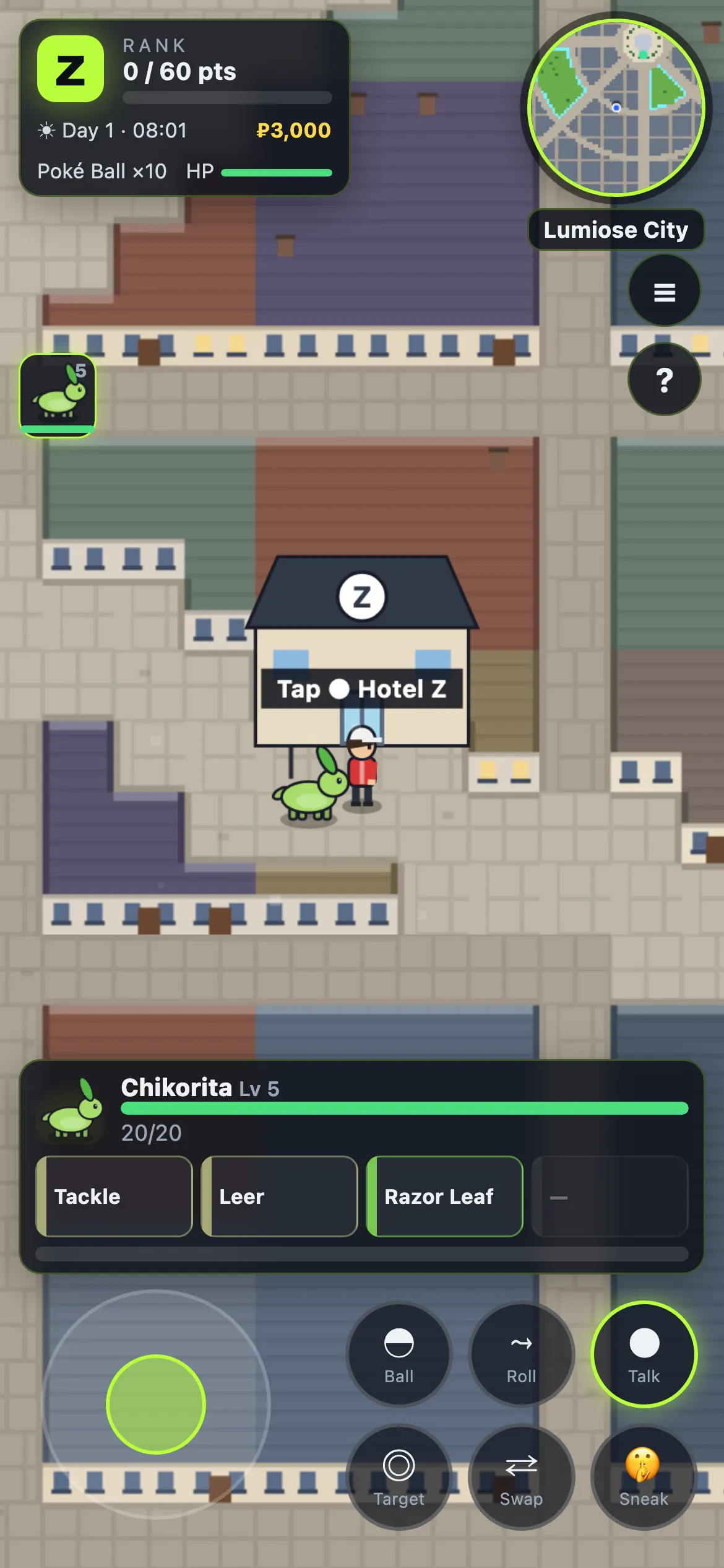 The game on a phone with a joystick and touch buttons